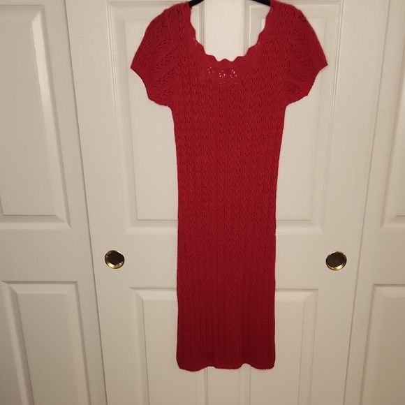 VTG MODA INT'L Red Knit Short Sleeve Scalloped Neckline Midi Dress Size S - Picture 11 of 15